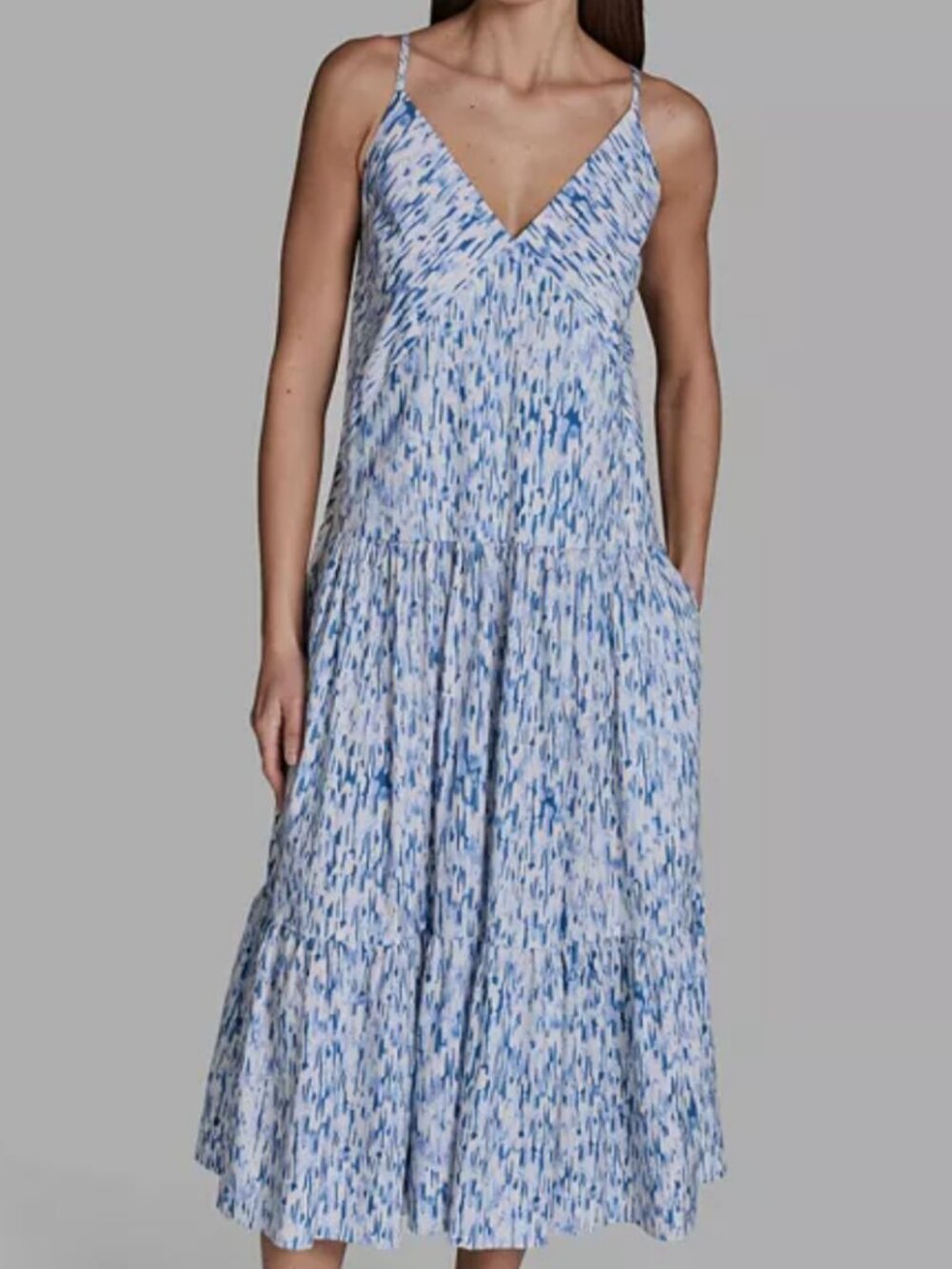 BCBG Sleeveless Blue White V-Neck Tiered Midi Dress 14 Cotton Coastal Grandmothe